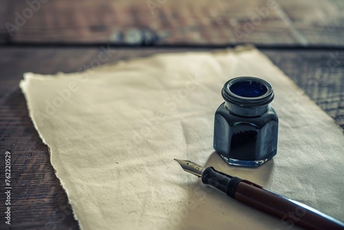 A classic fountain pen lies next to an open inkwell on a parchment paper, ready for writing, against a wooden backdrop.