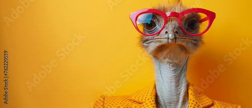 An ostrich stares comically at the camera, wearing a yellow polka-dot shirt and oversized pink sunglasses photo