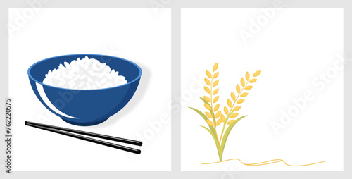 Rice bowl with chopsticks and rice or wheat plant isolated on white background vector.