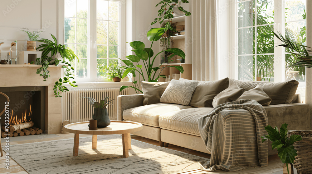 Serene Oasis: Scandinavian Living Room with Fireplace and Plants Serene Oasis: Scandinavian Living Room with Fireplace and Plants