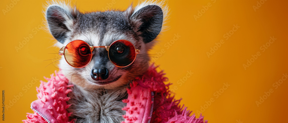 An engaging close-up of a solitary lemur in pink attire against a bold orange background