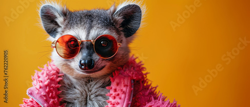 An engaging close-up of a solitary lemur in pink attire against a bold orange background photo