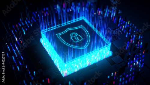 Abstract Technology Dark Blue Shiny Digital Security Shield Lock Symbol On CPU Chip Circuit Board Background