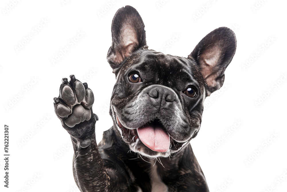 Funny dog with raised high paw showing high five gesture isolated on transparent background. Pet greeting his owner