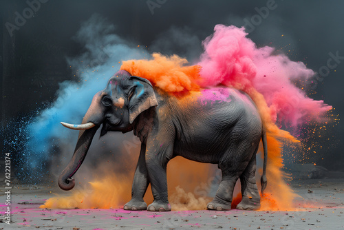 Full-length elephant, side view in India with colored powder explosion on holi Festival of Colors parade, with empty background