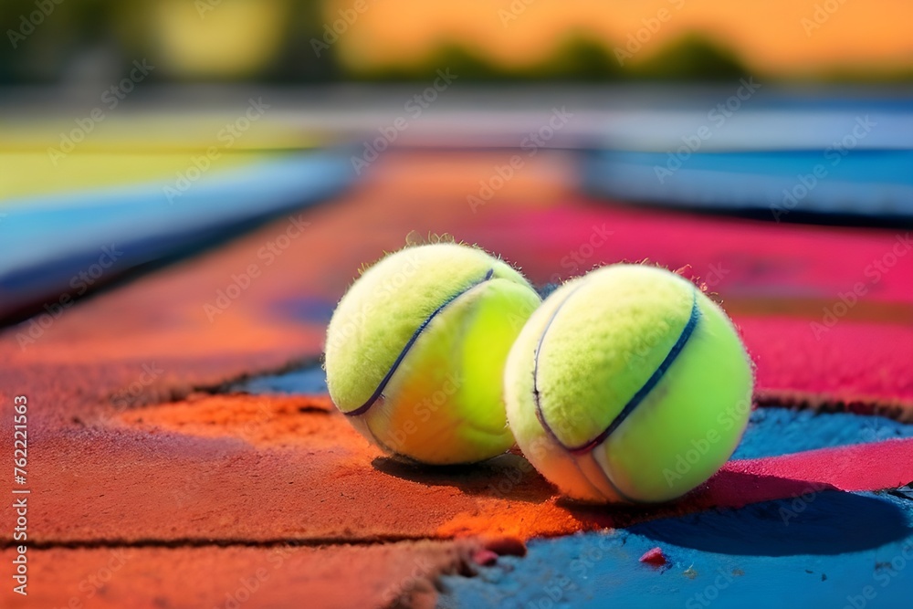 Tennis balls and racket on colorful course. Generative AI