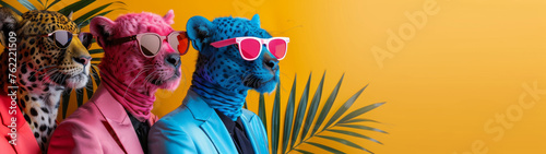 Three jaguars dressed in bright suits with sunglasses against a yellow background, projecting attitude and style photo