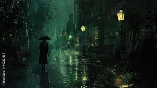 A dark  rainy street with a woman walking alone  conveying a sense of vulnerability and danger.