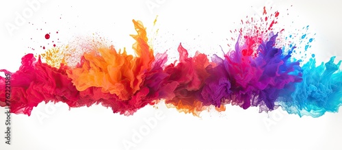 A vibrant art event featuring a rainbow of colorful powder explosions on a white background, creating a mesmerizing pattern of magenta petals and rectangles photo