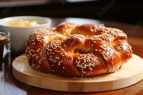 Toasted Soft baked pretzel with salt. Twisted traditional Bavarian bakery doughy bread. Generate ai