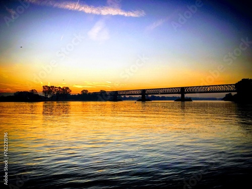 Sunset over the river Rhine and Südbrücke bridge, Mainz, Rhineland-Palatinate, Germany, October 2018
