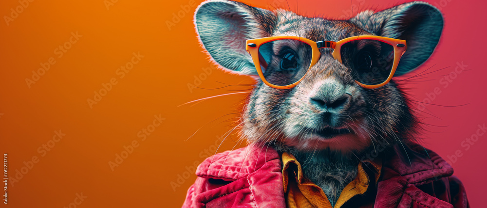 An adorable mouse dons vibrant sunglasses and a stylish jacket, set against a contrasting background