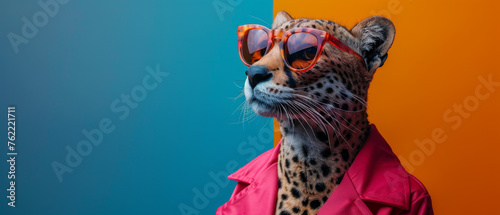 A trendsetting leopard sporting red eyewear and a pink jacket against a two-tone background