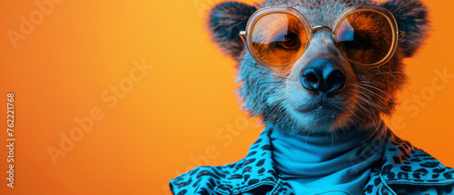 Elegantly dressed bear with stylish glasses and scarf against a two-tone backdrop, exuding sophistication