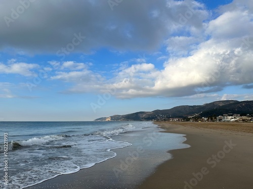 The Mediterranean Sea beach in the morning near Castelldefels, Catalonia, Spain, January 2023