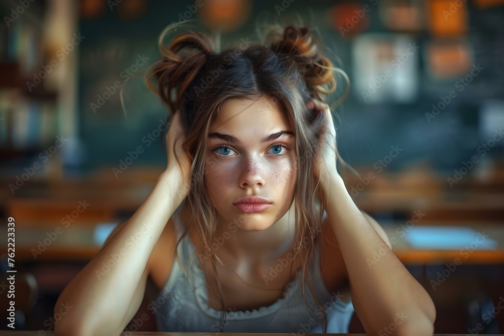 Seeking help and understanding: Stressed female student in classroom after lesson. Concept Stress, Female Student, Classroom, Education, Support Seeking help and understanding: Stressed female student in classroom after lesson. Concept Stress, Female Student, Classroom, Education, Support
