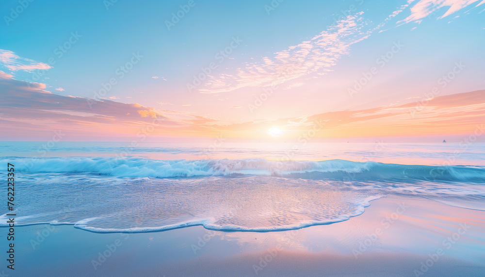 Serene sunrise over a tranquil ocean with gentle waves touching a sandy beach under a pastel-colored sky. Serene sunrise over a tranquil ocean with gentle waves touching a sandy beach under a pastel-colored sky.
