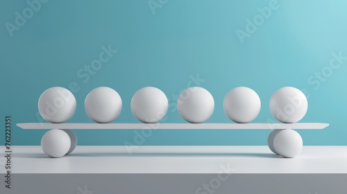 An image of equal white spheres in perfect balance on a seesaw, rendered in 3D against a blue and white background, symbolizing fairness, equality, and equilibrium