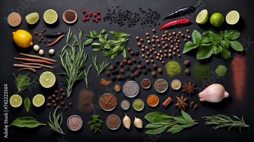 Knolling picture showing fresh herbs and spices. Laid out on a dark slate counter 
