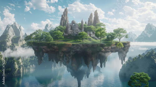 fantasy kingdom on floating isalnd wiht blue sky , fantasy concept art