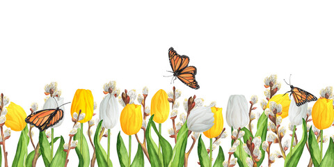 Hand-drawn watercolor illustration. Seamless floral border with colorful white and yellow tulips and pussy-willow branches and butterflies