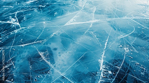 The marked surface of ice, bearing the traces of skating and hockey activities, presented in a cool blue tone photo