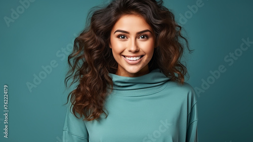 Portrait of attractive cheerful girl demonstrating