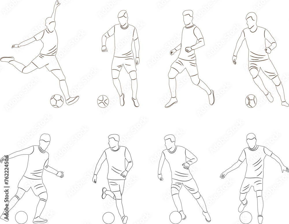 men playing football, football players sketch set, vector