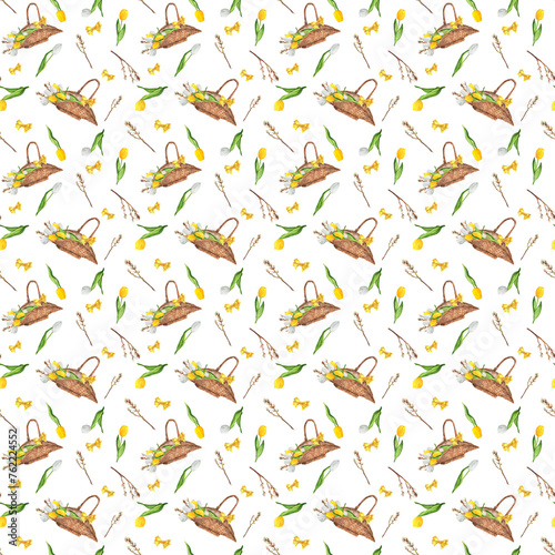 Hand-drawn watercolor illustration. Seamless Provence pattern with wicker basket with white and yellow tulips, pussy-willow branches, yellow bows © Elena Valeto