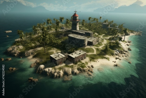 Antiquated Prison island buildings. Nature travel sea. Generate Ai