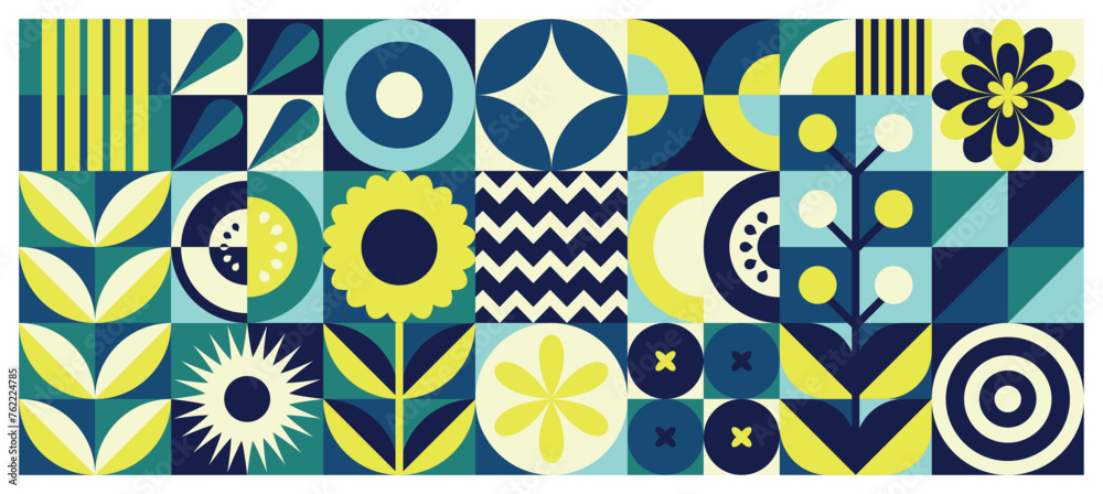 Spring abstract geometric agriculture concept pattern in fabric style. A collage of plants of simple forms. Ukrainian color scheme	