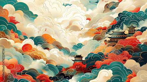 Chinese Traditional Art Digital Illustration Design with Palace Ancient Architecture Mountains Cloud Abstract Landscape Panorama Background Template Wallpaper White Green Red Color Tone 16:9