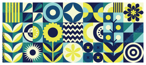 Spring abstract geometric agriculture concept pattern in fabric style. A collage of plants of simple forms. Ukrainian color scheme	