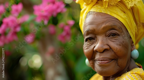 Elderly black lady looks at camera, smiling. Ebony woman wearing yellow oriental headdress. Cute face. Garden with pink flowers. Concept of walking in park, relax, gardening, old age 