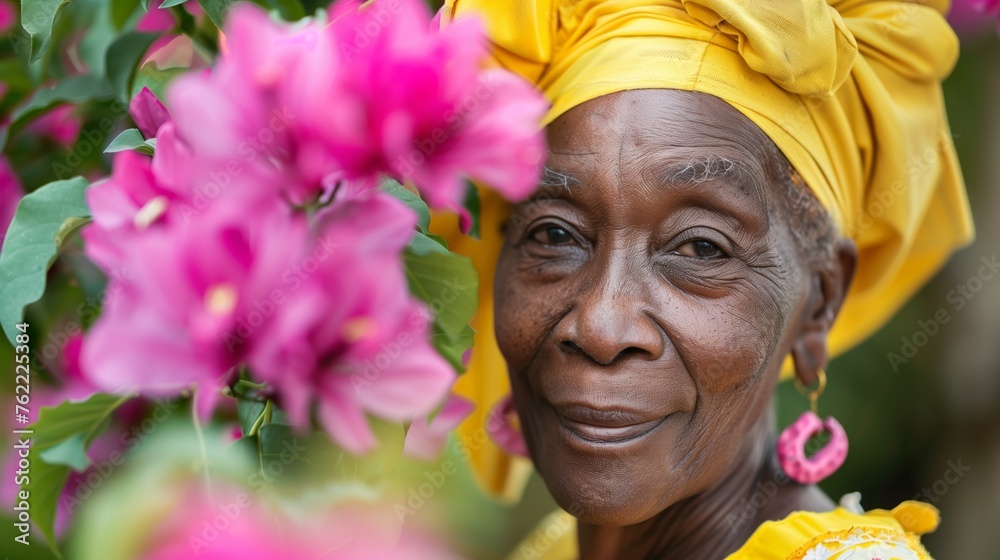 Obraz premium Elderly black lady looks at camera, smiling. Ebony woman wearing yellow oriental headdress. Cute face. Garden with pink flowers. Concept of walking in park, relax, gardening, old age