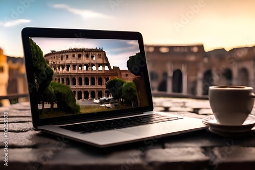 Coffee Cup and Laptop with Colosseum View - Rome, Italy. Seamless looping 4k time-lapse video animation background Generative AI