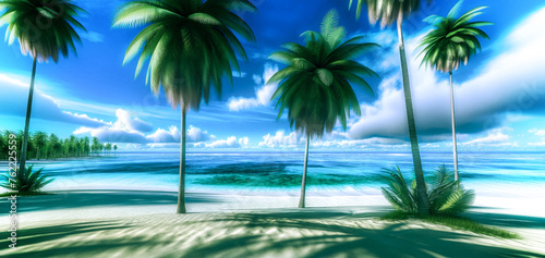 Tropical beach with palm trees and blue  cloudy sky  tropical paradise concept