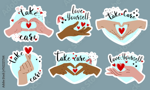 A set of stickers with hand gestures. Heart shaped hands, the concept of self care and self love.