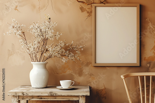 A minimalist room pairs a blank white screen with a wooden frame on a cement wall with a flower vase on a wooden table