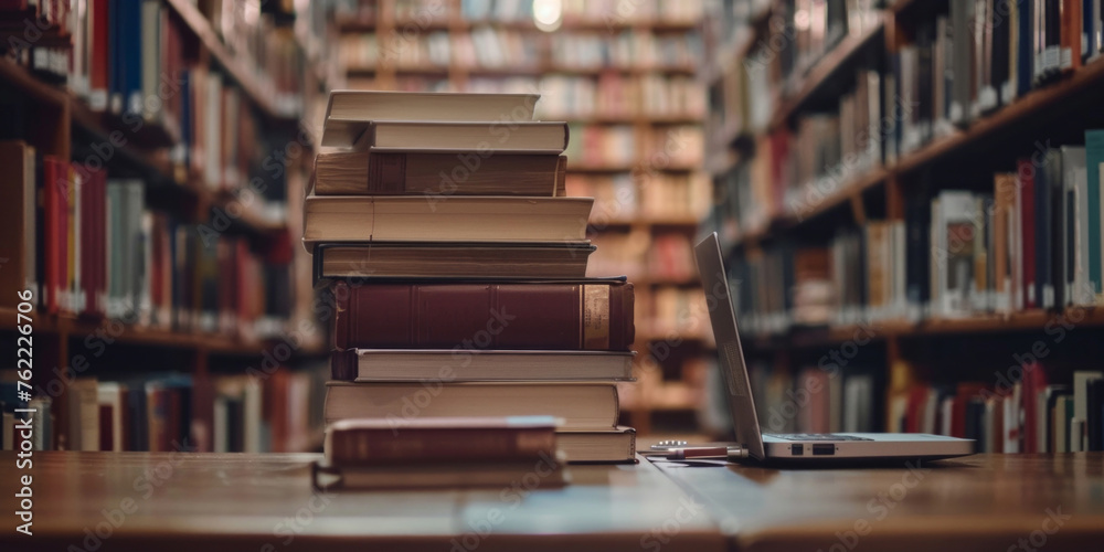 Fototapeta premium Stacks of hardcover books beside a laptop on a wooden desk in a library setting.
