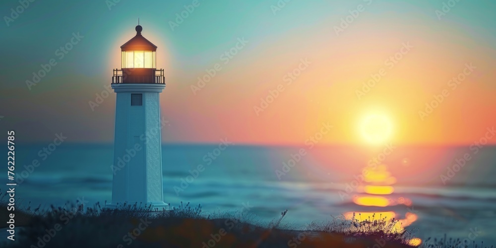 A tranquil lighthouse stands sentinel during a vivid seaside sunset with gentle waves in the foreground.
