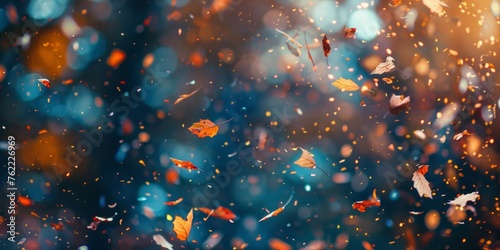 Golden autumn leaves twirl gracefully through the air, captured in a warm, glowing bokeh backdrop.