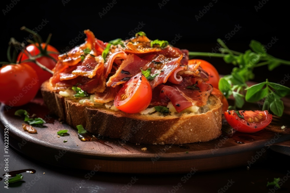 Savoury Prosciutto tomato toast. Food jamon. Generate Ai
