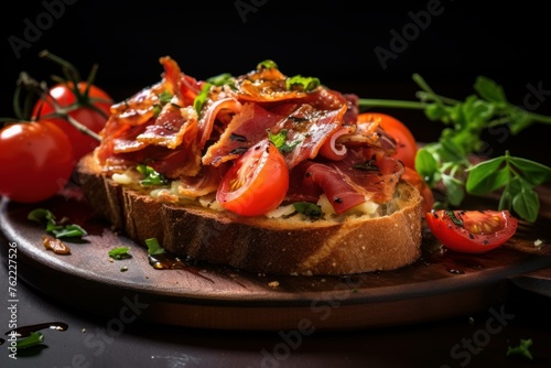 Savoury Prosciutto tomato toast. Food jamon. Generate Ai