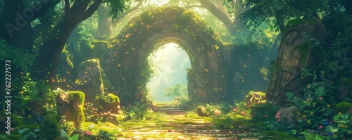 A lush  vibrant jungle with towering trees and exotic flowers  a magical garden filled with ancient arches made of leaves