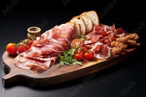 Artisanal Prosciutto wooden board. Raw meat. Generate Ai
