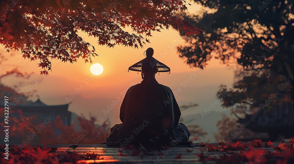 Samurai meditating on mountain with sunset in background ai generative