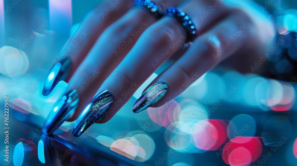 Close-up of a hand sporting glossy holographic nails reflecting neon lights, evoking a cyberpunk aesthetic.