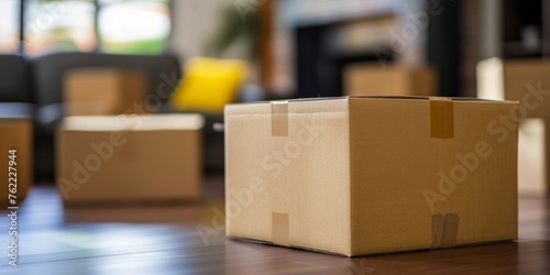 Focused cardboard boxes in a living room suggesting relocation or moving into a new home.