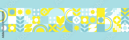 Seamless geometric summer background from flowers ornament, bright textiles and wallpaper. Daisies and bells in yellow and blue sunny shades for packaging goods and gifts.